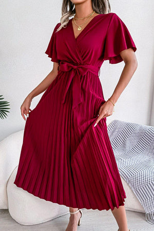 Sophisticated Pleated Flutter Sleeve Dress - MXSTUDIO.COM