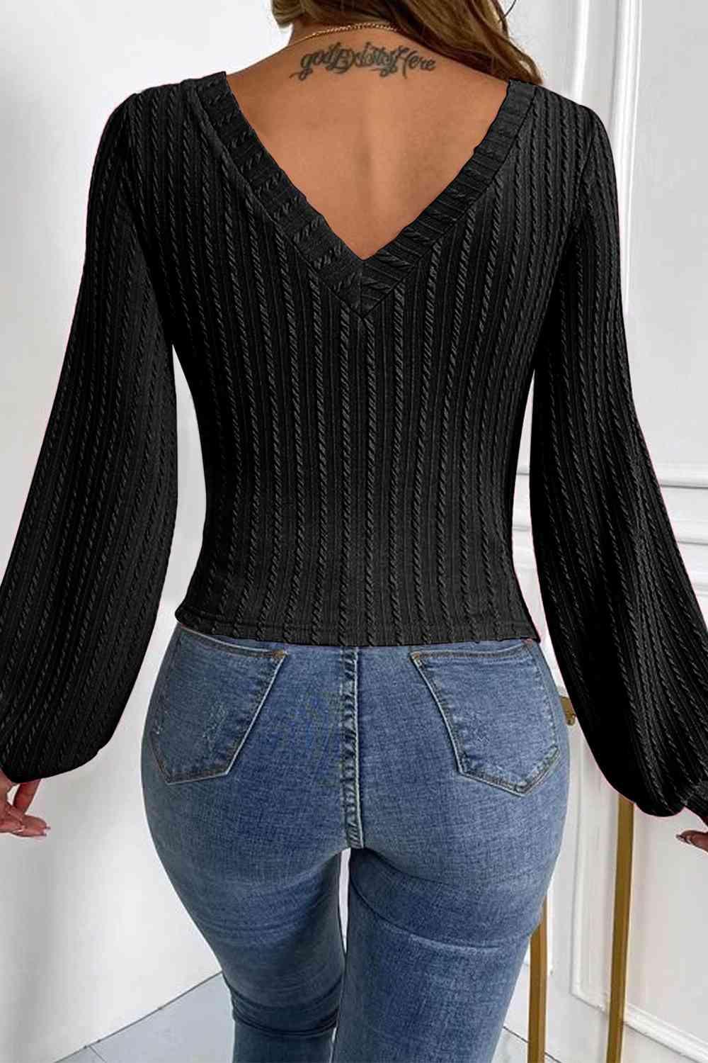 Sophisticated V-Neck Knit Lantern Sleeve Sweater-MXSTUDIO.COM