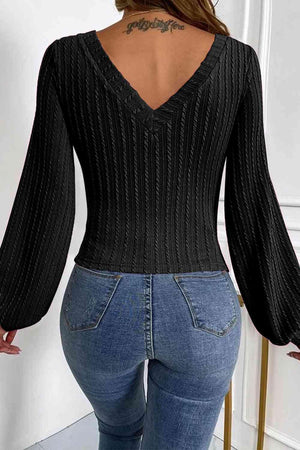 Sophisticated V-Neck Knit Lantern Sleeve Sweater-MXSTUDIO.COM