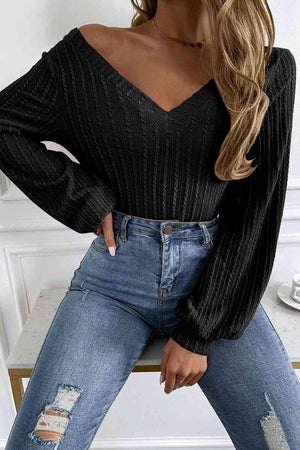 Sophisticated V-Neck Knit Lantern Sleeve Sweater-MXSTUDIO.COM
