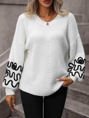 Sophisticated Warmth White Balloon Sleeve Sweater - MXSTUDIO.COM