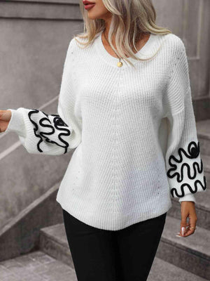 Sophisticated Warmth White Balloon Sleeve Sweater - MXSTUDIO.COM