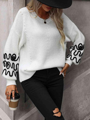 Sophisticated Warmth White Balloon Sleeve Sweater - MXSTUDIO.COM