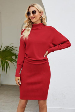 Sophisticatedly Comfy Knit Mock Neck Sweater Dress-MXSTUDIO.COM