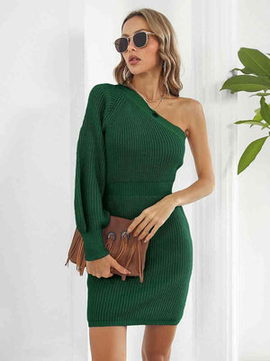 Sophisticatedly Comfy One Shoulder Sweater Dress - MXSTUDIO.COM