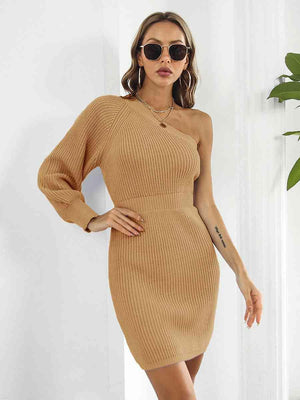 Sophisticatedly Comfy One Shoulder Sweater Dress - MXSTUDIO.COM