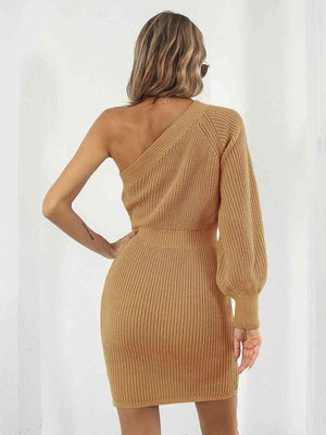 Sophisticatedly Comfy One Shoulder Sweater Dress - MXSTUDIO.COM