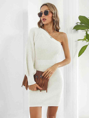 Sophisticatedly Comfy One Shoulder Sweater Dress - MXSTUDIO.COM