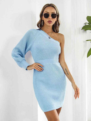 Sophisticatedly Comfy One Shoulder Sweater Dress - MXSTUDIO.COM