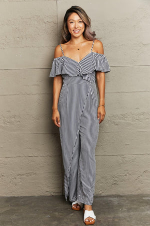 Spaghetti Strap Cold-Shoulder Striped Jumpsuit - MXSTUDIO.COM