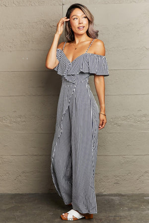 Spaghetti Strap Cold-Shoulder Striped Jumpsuit - MXSTUDIO.COM