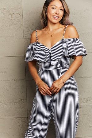 Spaghetti Strap Cold-Shoulder Striped Jumpsuit - MXSTUDIO.COM