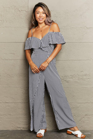 Spaghetti Strap Cold-Shoulder Striped Jumpsuit - MXSTUDIO.COM