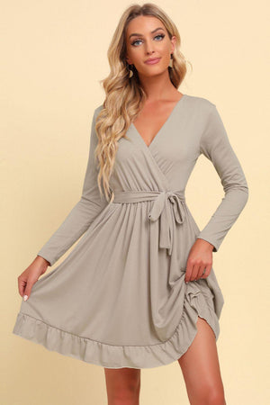 Special Tie Waist Long Sleeve Ruffle Mini Dress - MXSTUDIO.COM