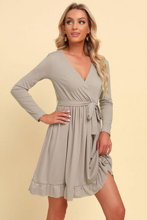 Special Tie Waist Long Sleeve Ruffle Mini Dress - MXSTUDIO.COM