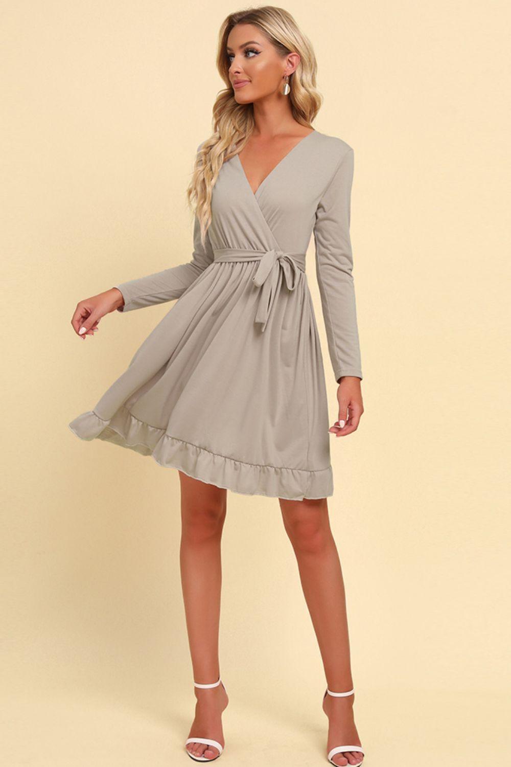 Special Tie Waist Long Sleeve Ruffle Mini Dress - MXSTUDIO.COM