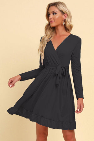Special Tie Waist Long Sleeve Ruffle Mini Dress - MXSTUDIO.COM