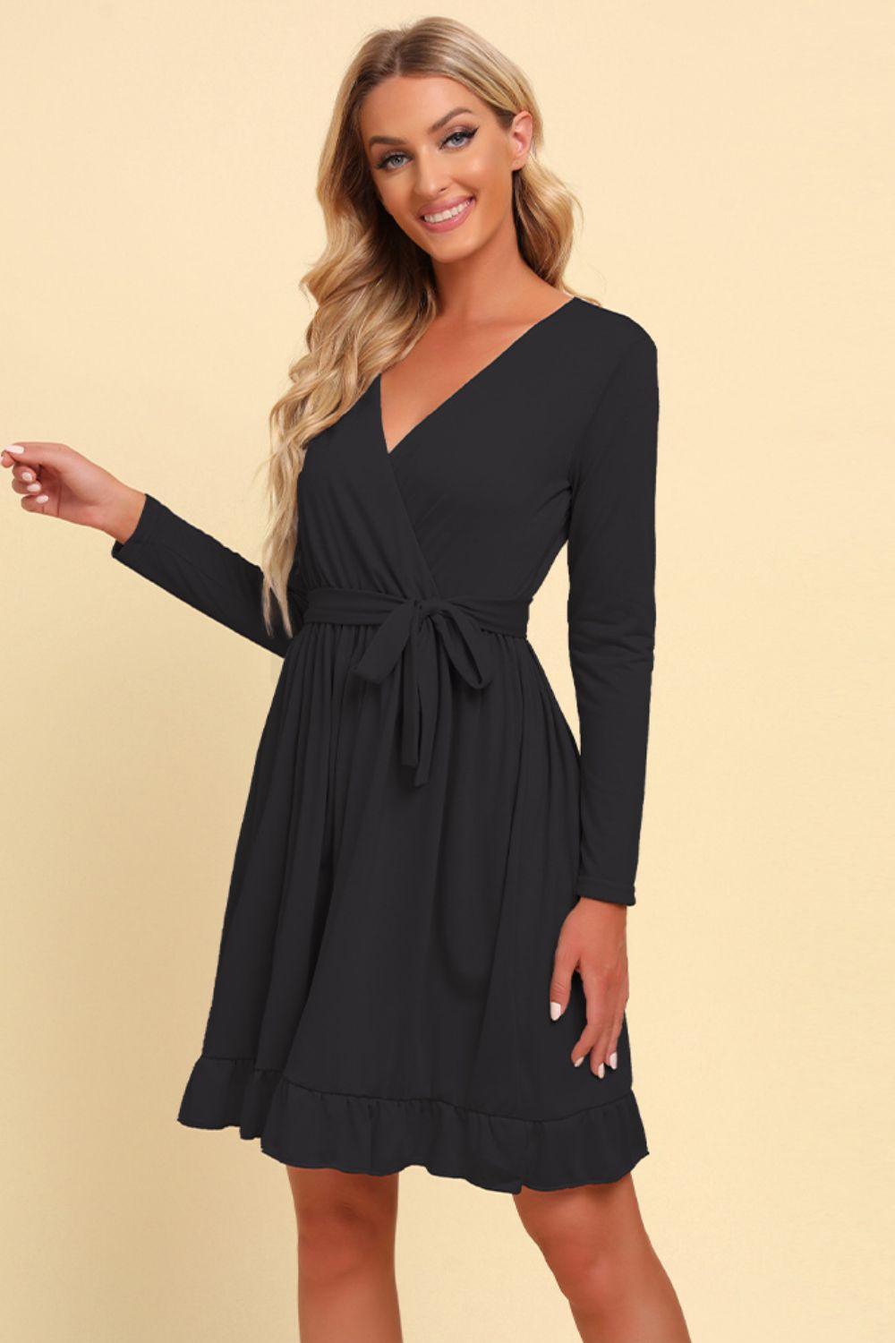 Special Tie Waist Long Sleeve Ruffle Mini Dress - MXSTUDIO.COM