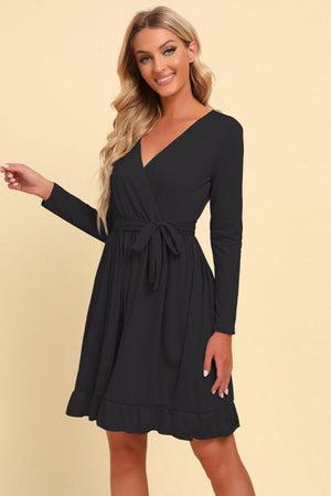 Special Tie Waist Long Sleeve Ruffle Mini Dress - MXSTUDIO.COM