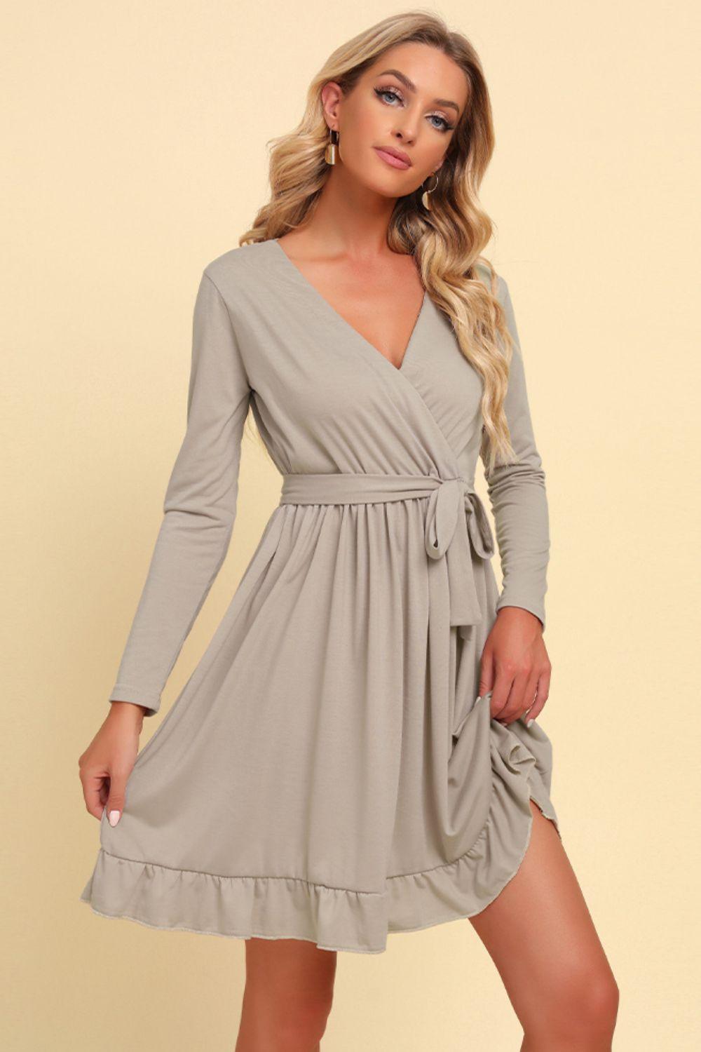 Special Tie Waist Long Sleeve Ruffle Mini Dress - MXSTUDIO.COM