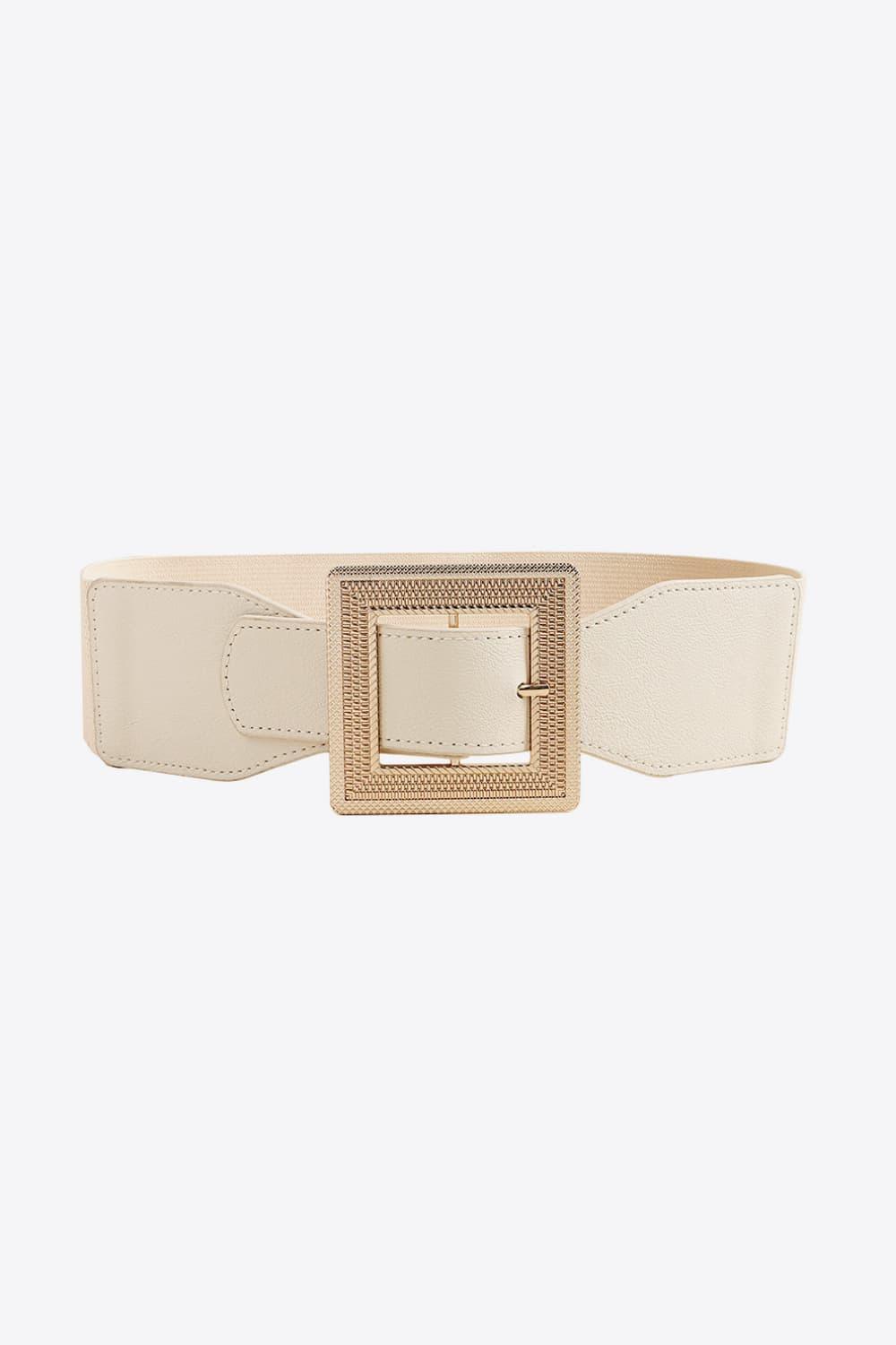 Square Buckle PU Leather White Elastic Waist Belt - MXSTUDIO.COM