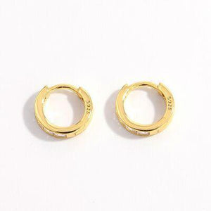 a pair of gold earrings on a white background
