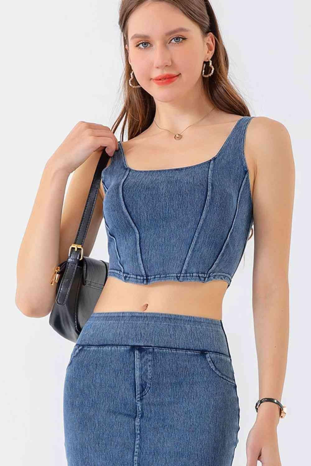 Square Neck Cropped Denim Tank Top - MXSTUDIO.COM