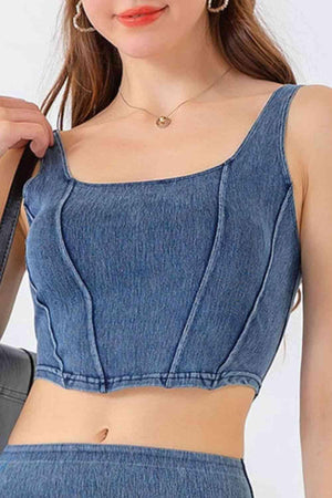 Square Neck Cropped Denim Tank Top - MXSTUDIO.COM