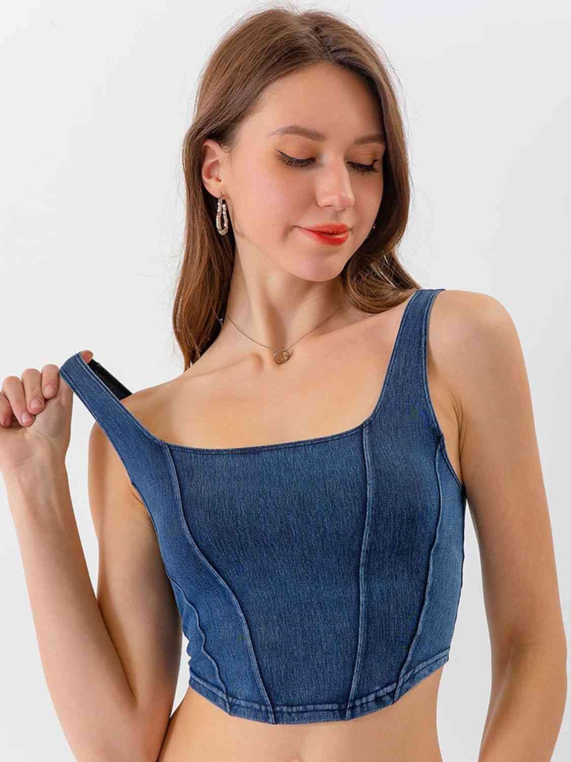 Square Neck Cropped Denim Tank Top - MXSTUDIO.COM