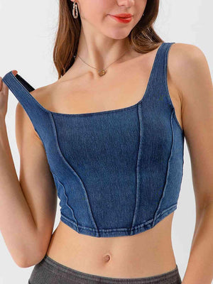 Square Neck Cropped Denim Tank Top - MXSTUDIO.COM