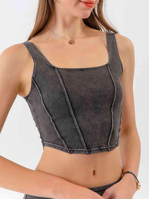 Square Neck Cropped Denim Tank Top - MXSTUDIO.COM