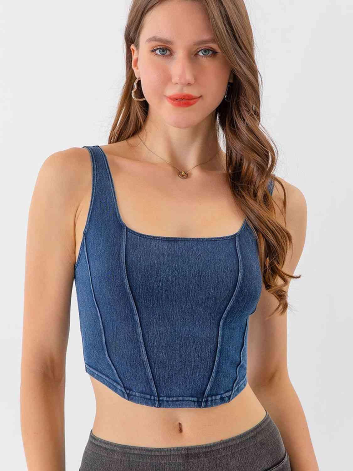 Square Neck Cropped Denim Tank Top - MXSTUDIO.COM