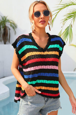 Stand Out Cover Up V Neck Striped Blouse - MXSTUDIO.COM