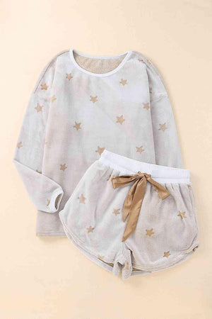 Star Print Top And Short Beige Lounge Set - MXSTUDIO.COM