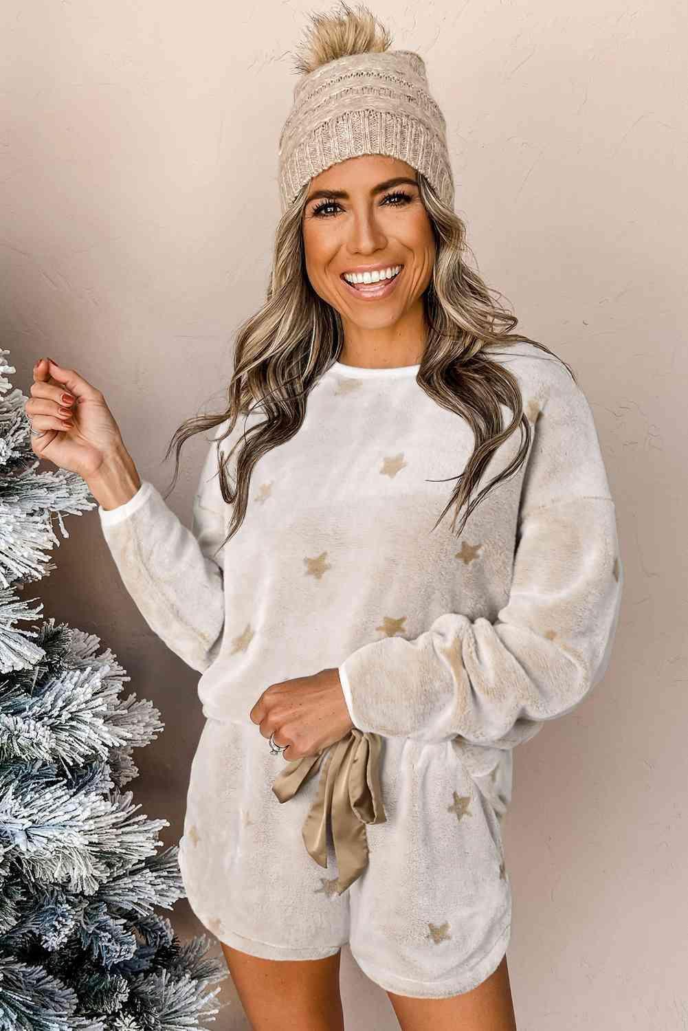 Star Print Top And Short Beige Lounge Set - MXSTUDIO.COM