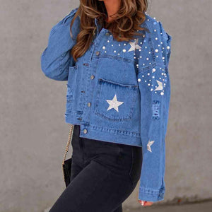 Stars Detail Buttoned Beaded Denim Jacket - MXSTUDIO.COM