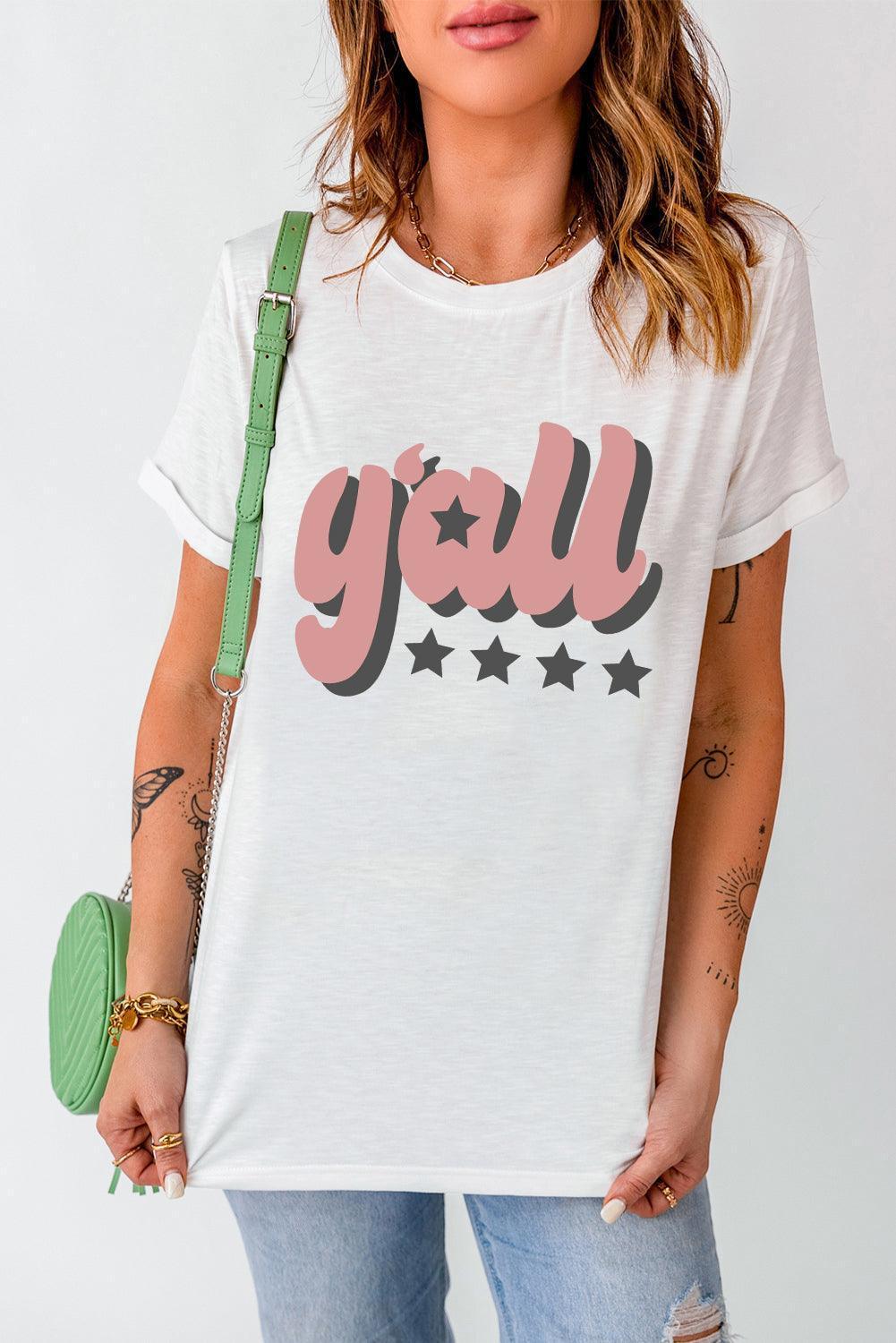 Stars Graphic Crew Neck Y'all T Shirt - MXSTUDIO.COM