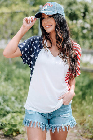 Stars and Stripes Sleeves V Neck US Flag T Shirt - MXSTUDIO.COM