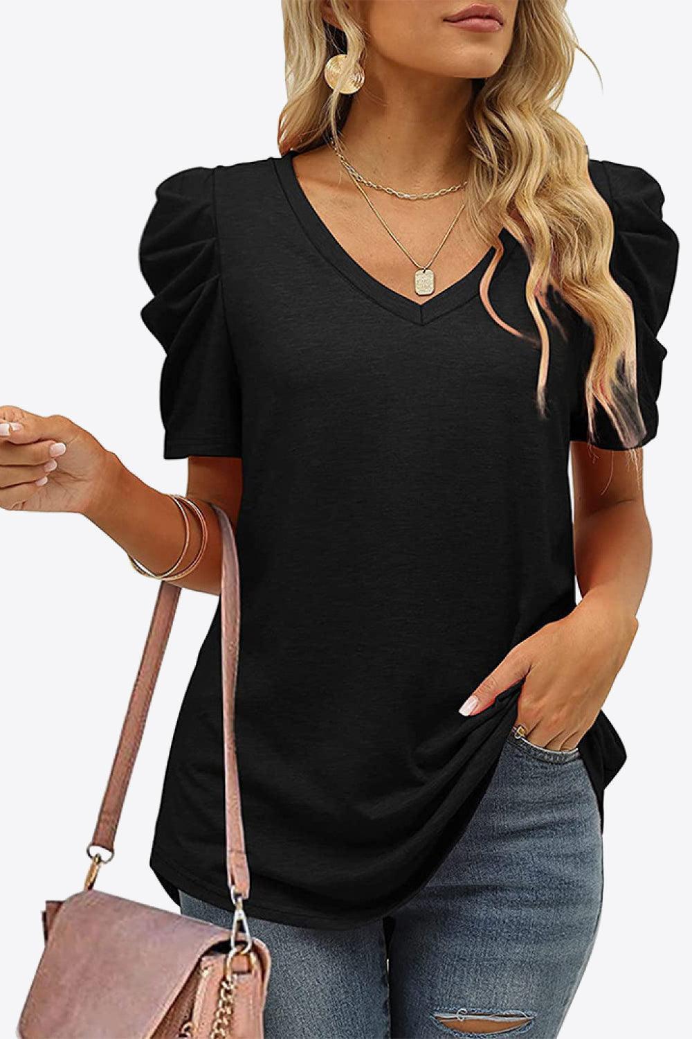 Start Fresh V Neck Puff Sleeve Tee - MXSTUDIO.COM
