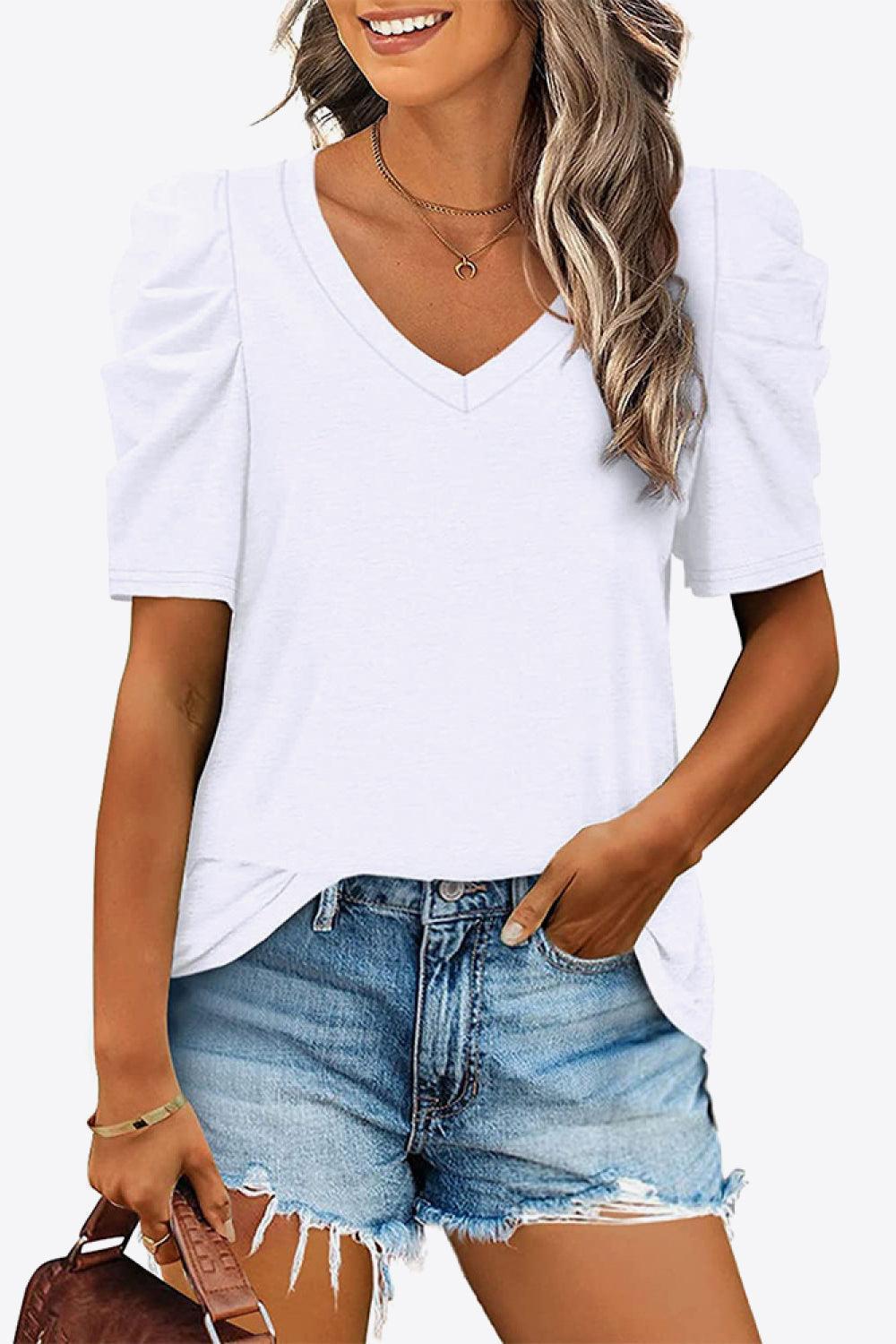 Start Fresh V Neck Puff Sleeve Tee - MXSTUDIO.COM