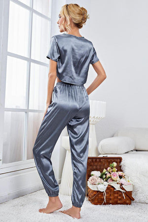 Steel Blue Satin Crop Top And Jogger Set - MXSTUDIO.COM