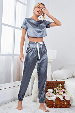 Steel Blue Satin Crop Top And Jogger Set - MXSTUDIO.COM