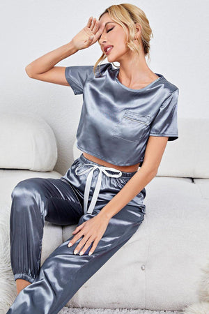 Steel Blue Satin Crop Top And Jogger Set - MXSTUDIO.COM