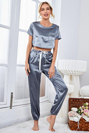 Steel Blue Satin Crop Top And Jogger Set - MXSTUDIO.COM