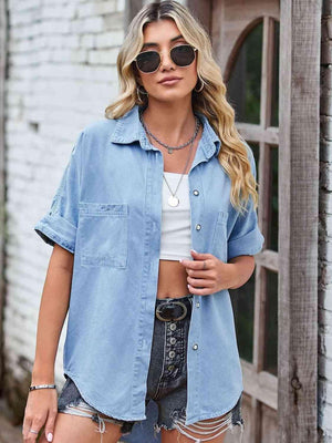 Street Chic Collared Denim Short Sleeve Shirt - MXSTUDIO.COM