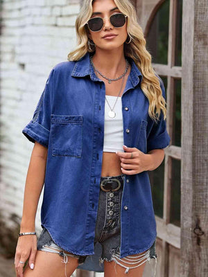 Street Chic Collared Denim Short Sleeve Shirt - MXSTUDIO.COM