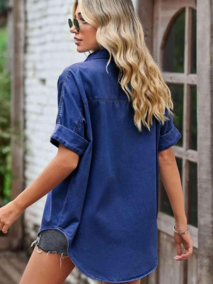 Street Chic Collared Denim Short Sleeve Shirt - MXSTUDIO.COM