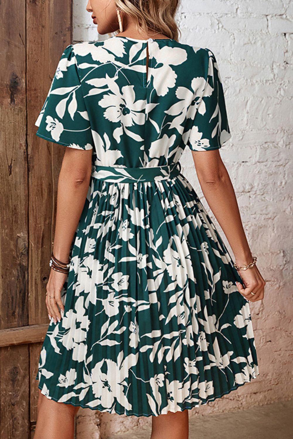 Strength And Beauty Belted Floral Pleated Dress - MXSTUDIO.COM
