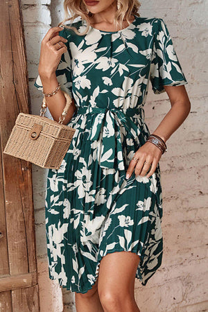 Strength And Beauty Belted Floral Pleated Dress - MXSTUDIO.COM