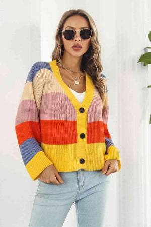 Striking Button Down Striped Knit Cardigan - MXSTUDIO.COM
